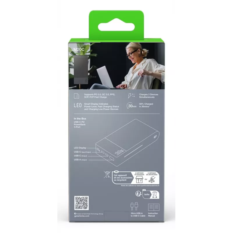 GP Battery GP PowerBank M2+ 20C 20000mAh 2xUSB-C/1xUSB-A zwart LED-ind. (GPPBM20CGYMSR287)