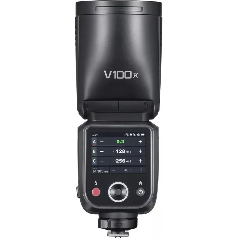 Flitser Godox V100‑N voor Nikon — draagbare TTL-li‑ion opzetflitser
