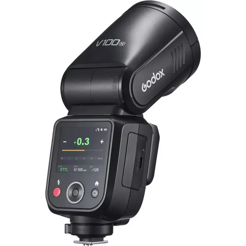 Flitser Godox V100‑N voor Nikon — draagbare TTL-li‑ion opzetflitser