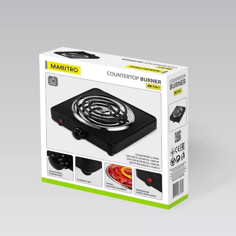 Elektrische eenpitskookplaat Maestro MR-770-1 1000W – compacte draagbare elektrische kookplaat