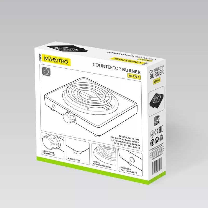 Elektrische eenpitskookplaat Maestro MR-770-1 1000W – compacte draagbare elektrische kookplaat