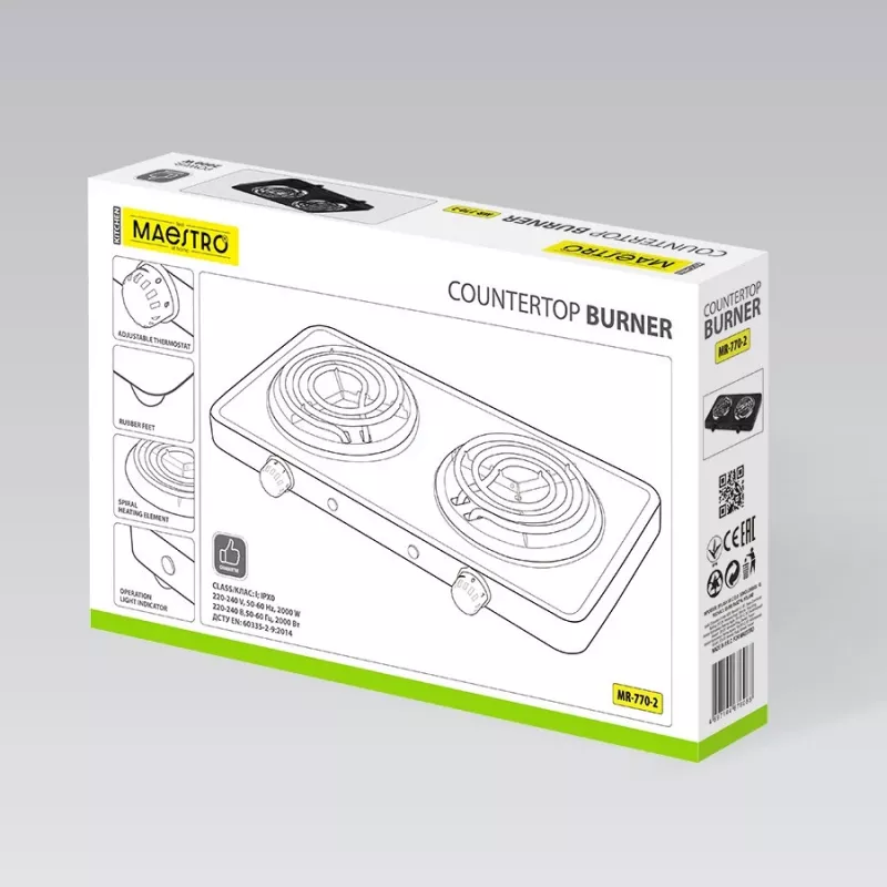 Elektrische tweepitskookplaat Maestro MR-770-2, 2000 W, compacte tafelkookplaat