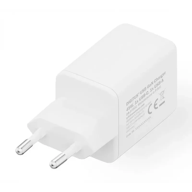 Wandlader DIGITUS USB GaN 45W — 1× USB-C, 1× USB-A, ingang 100–240V, wit