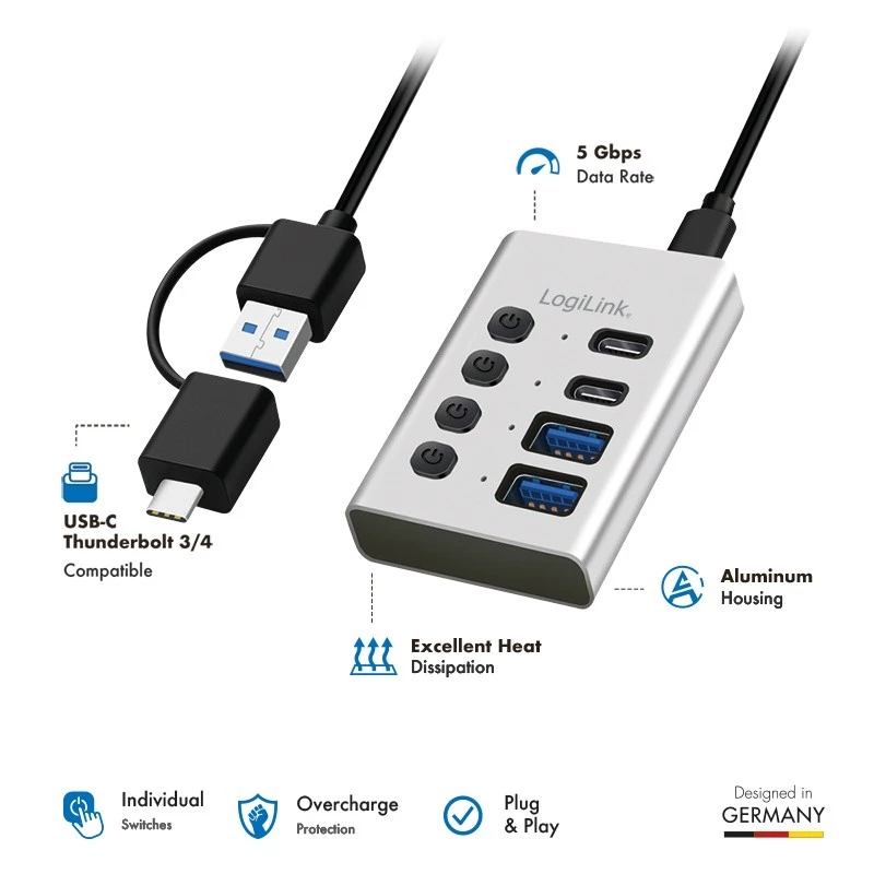 Hub USB 3.2 Gen 1, 4 poorten, USB-A/C, aan-/uitschakelaar