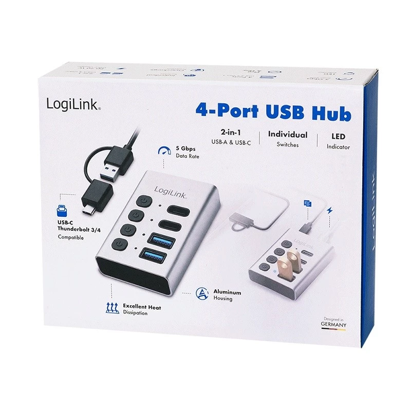 Hub USB 3.2 Gen 1, 4 poorten, USB-A/C, aan-/uitschakelaar
