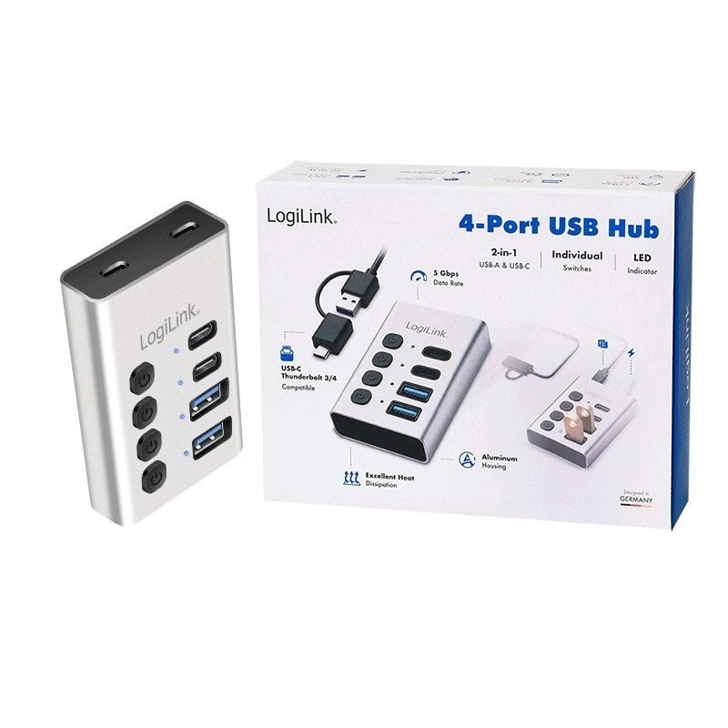 Hub USB 3.2 Gen 1, 4 poorten, USB-A/C, aan-/uitschakelaar