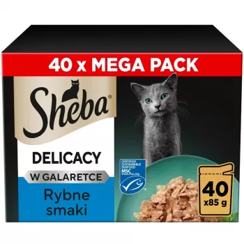 Nattenvoer voor katten Sheba Delicacy vissmaak in gelei, 40×85 g blikjes, volwassen katten, 11% eiwit, 78% vocht