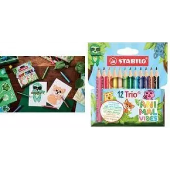 Driehoekige kleurpotloden Stabilo Trio Thick Animal Vibes 12-pack, 4,2 mm stift, gelakt hout