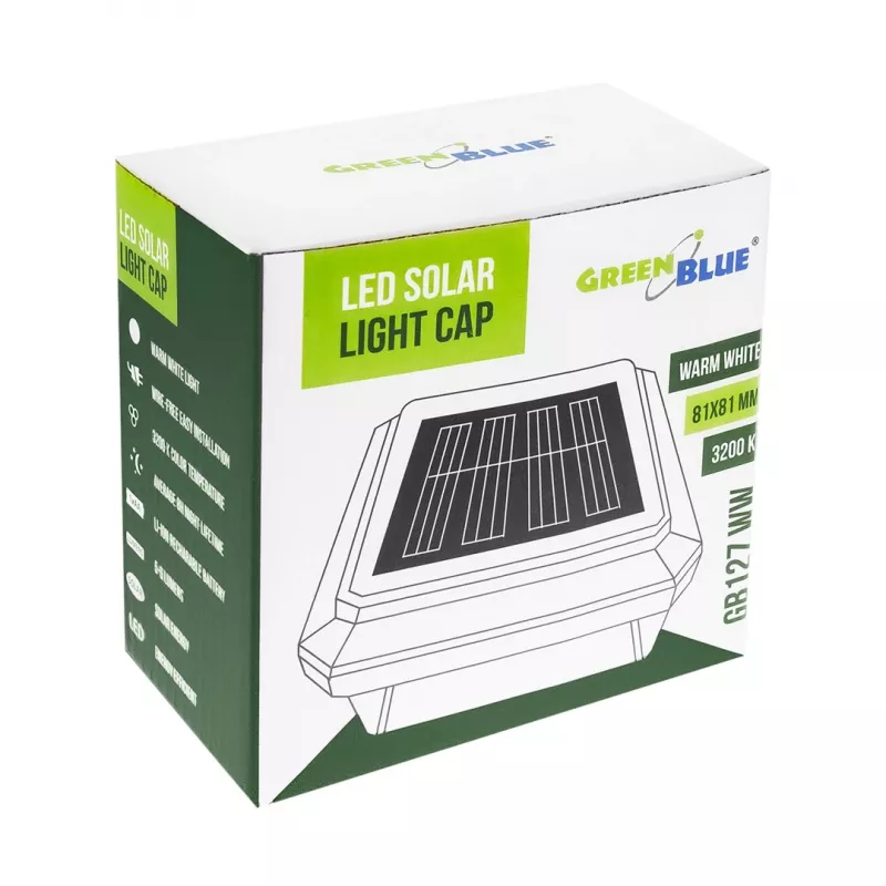 Solar LED-paallamp GreenBlue GB127 WW — 3200 K neutraalwit, 80×80 mm kap, NiMH-accu