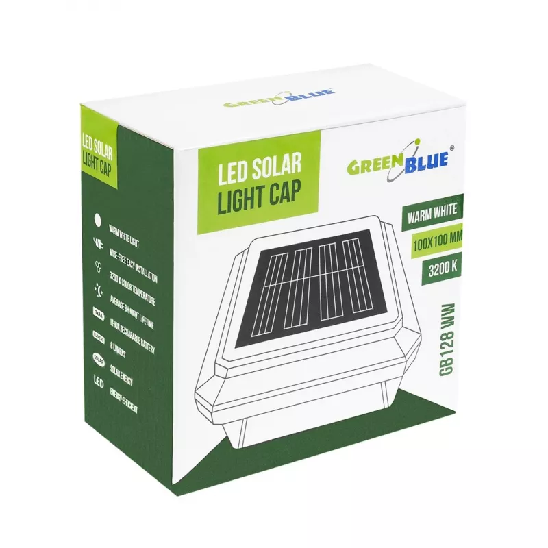 Solar LED-paallamp GreenBlue GB128 WW, 3200K neutraalwit, kap, 100x100mm, zwart