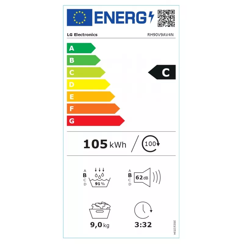 LG RH90V9AV4N, warmtepomp, 9 kg, diepte 66 cm - wasdroger