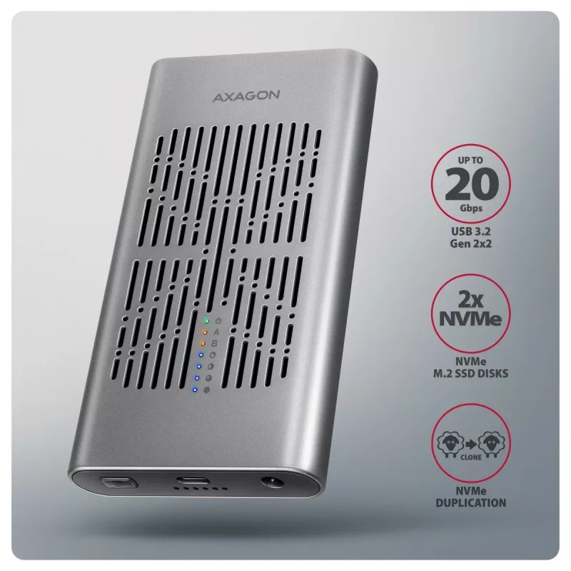 Externe behuizing AXAGON EEM2-20GD USB-C 20 Gbps voor twee M.2 NVMe SSD's met hardwarematig klonen