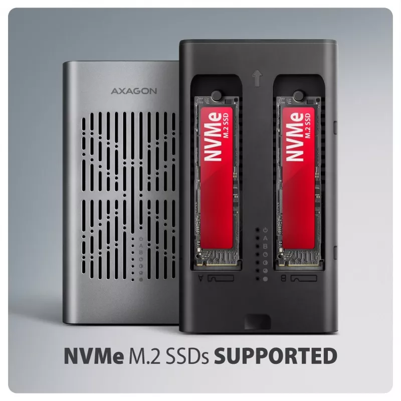 Externe behuizing AXAGON EEM2-20GD USB-C 20 Gbps voor twee M.2 NVMe SSD's met hardwarematig klonen