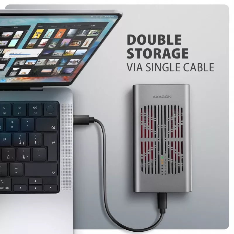 Externe behuizing AXAGON EEM2-20GD USB-C 20 Gbps voor twee M.2 NVMe SSD's met hardwarematig klonen