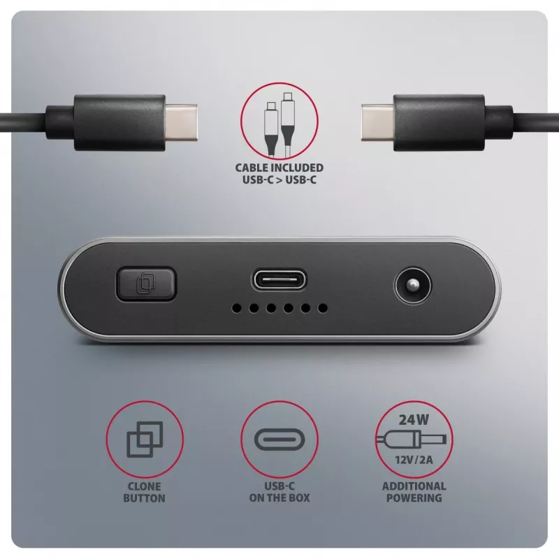 Externe behuizing AXAGON EEM2-20GD USB-C 20 Gbps voor twee M.2 NVMe SSD's met hardwarematig klonen