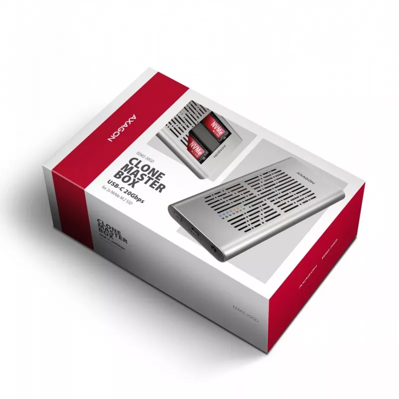 Externe behuizing AXAGON EEM2-20GD USB-C 20 Gbps voor twee M.2 NVMe SSD's met hardwarematig klonen