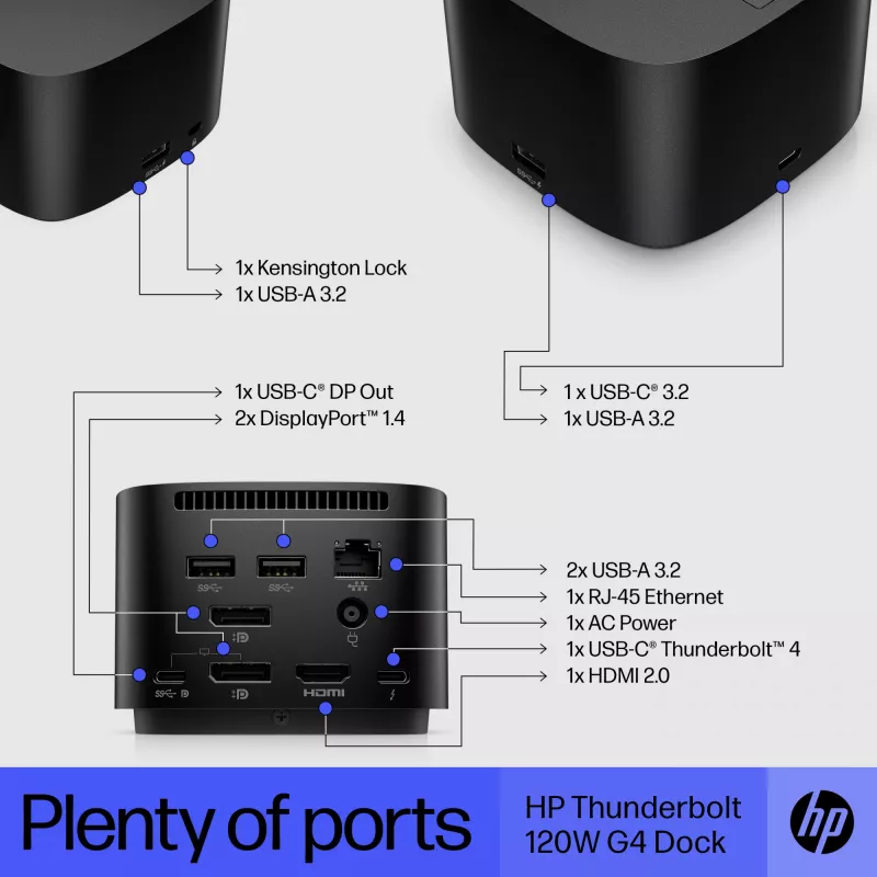 HP Thunderbolt Dock 120W G4, Kensington, China, Thailand, Taiwan, zakelijk, Windows 10, Windows 11, MacOS, 98 mm