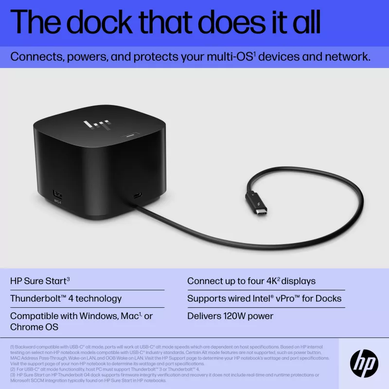 HP Thunderbolt Dock 120W G4, Kensington, China, Thailand, Taiwan, zakelijk, Windows 10, Windows 11, MacOS, 98 mm