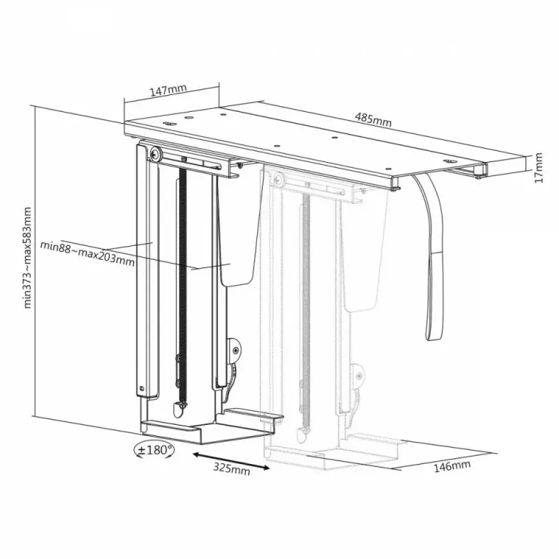 Onderdesk computerhouder MACLEAN MC-885, verstelbaar, handmatige hoogteverstelling, voor maximaal 10 kg, zwart