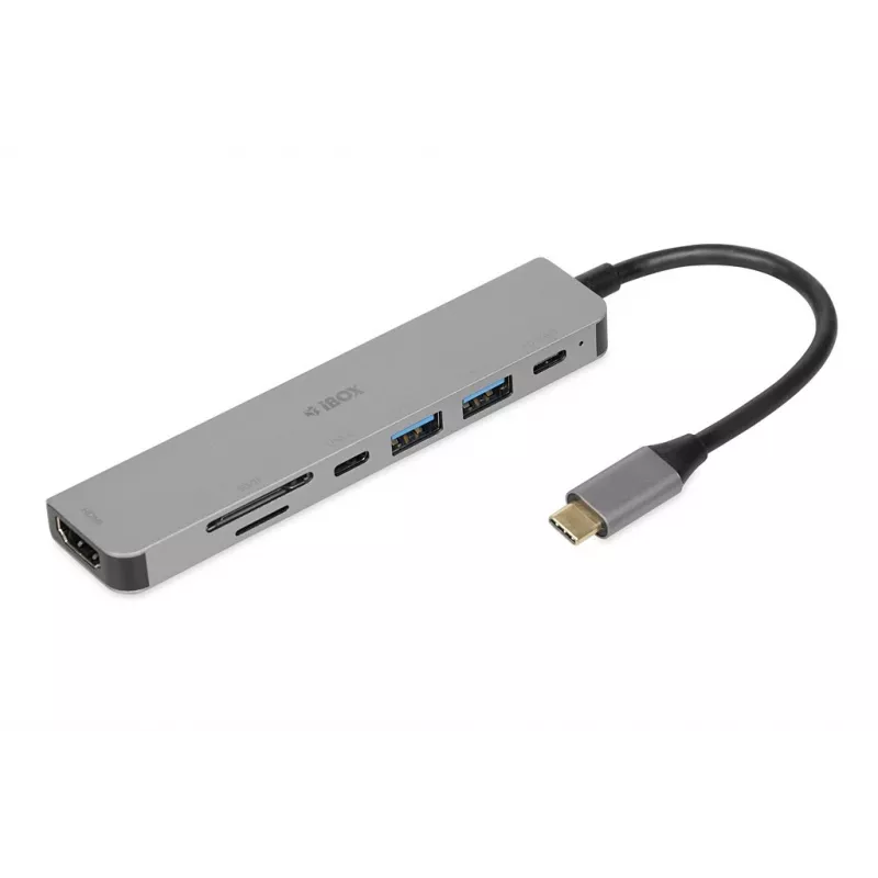 Docking-hub IBOX IUH3SL4K USB Type-C 5 Gbit/s, HDMI 4K@30Hz, PD tot 100 W, 2x USB-A, 2x USB-C, kaartlezer, Zilver