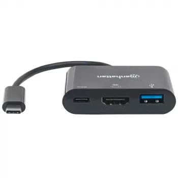 Manhattan USB-C-dock/hub, poorten (x3): HDMI, USB-A en USB-C, 5 Gbit/s (USB 3.2 Gen1 alias USB 3.0), met Power Delivery (60W) naar USB-C-poort (opmerking: extra USB-C-voeding en USB-