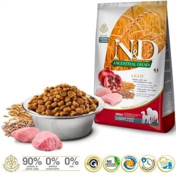 FARMINA N&D ANCESTRAL GRAIN DOG LIGHT - KIP, SPELT, HAVER EN GRANAATAPPEL VOLWASSEN MIDDEL & MAXI 12 kg