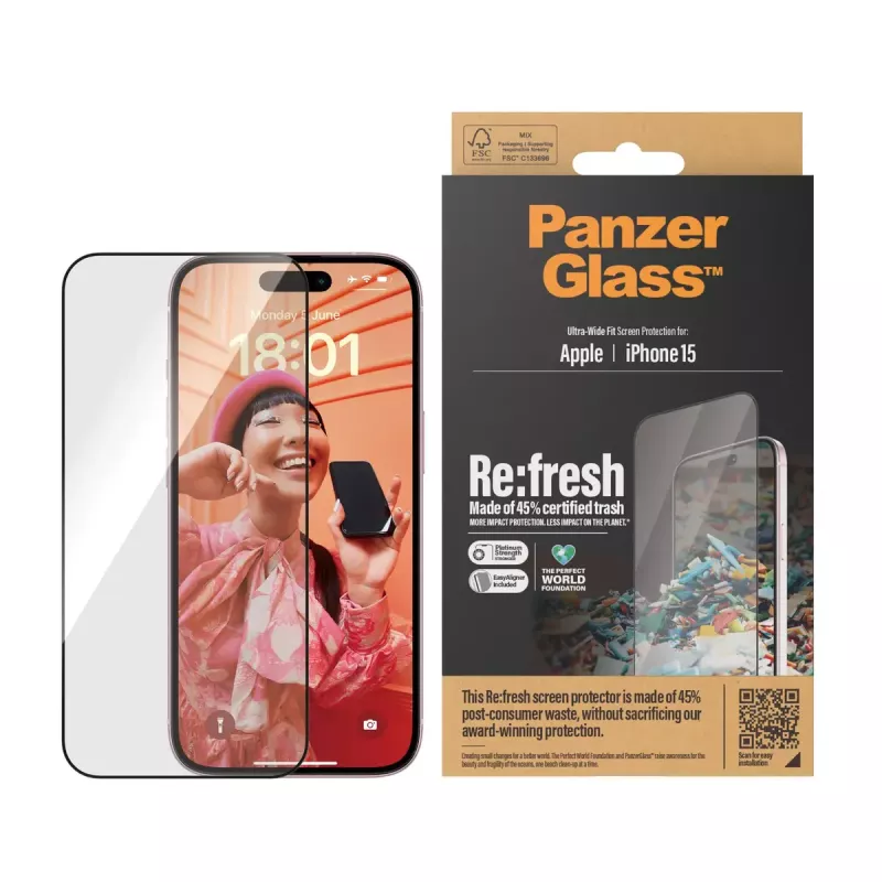 PanzerGlass ® Re:fresh displayscherm iPhone 15 Ultra-Wide Fit EasyAligner stootvast transparant