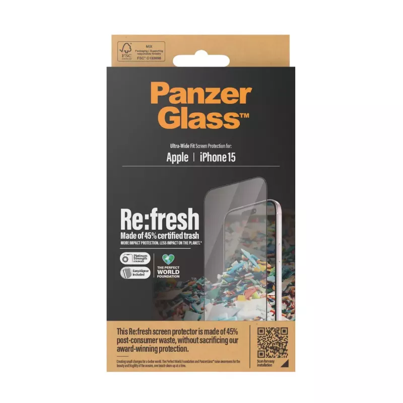 PanzerGlass ® Re:fresh displayscherm iPhone 15 Ultra-Wide Fit EasyAligner stootvast transparant