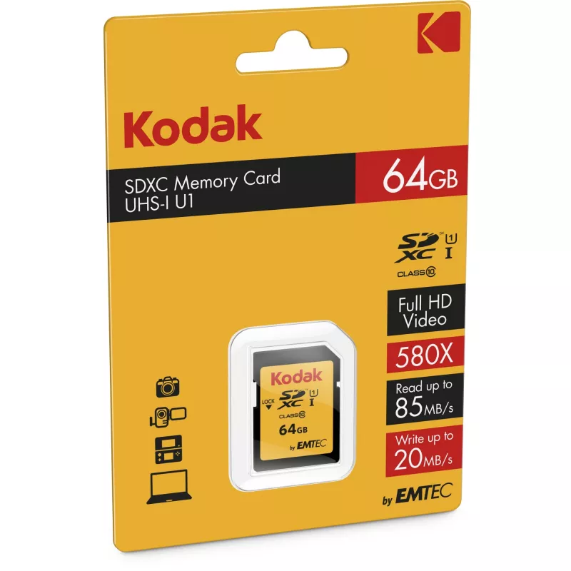 Kodak SDXC Premium Geheugenkaart, 64 GB, UHS-I U1 V10, Class 10 (EKMSD64GXC10K)
