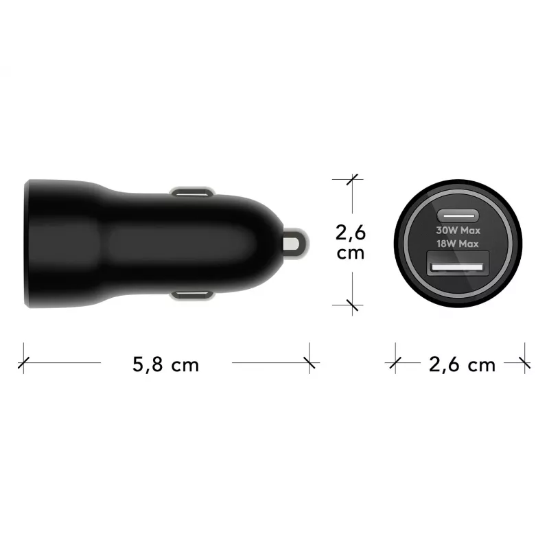 Auto-oplader d bramante re-charge — USB-C 30W + USB-A 18W, 12–24V, zwart