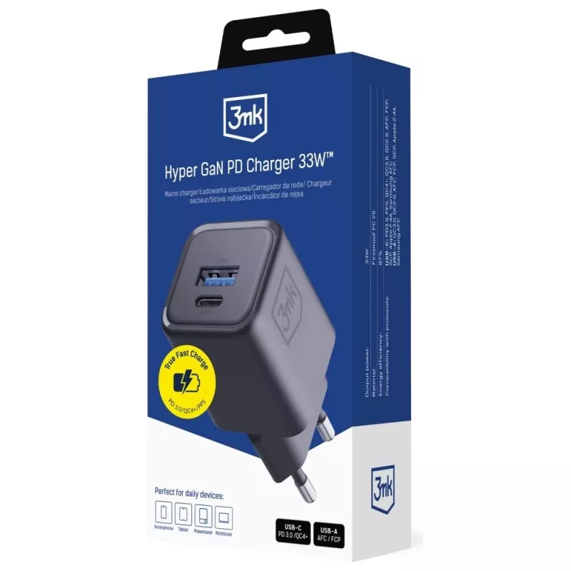 Oplader 3MK Hyper Charger PD 33W GaN QC4+ zwart — 33W PD-snellader met GaN-technologie
