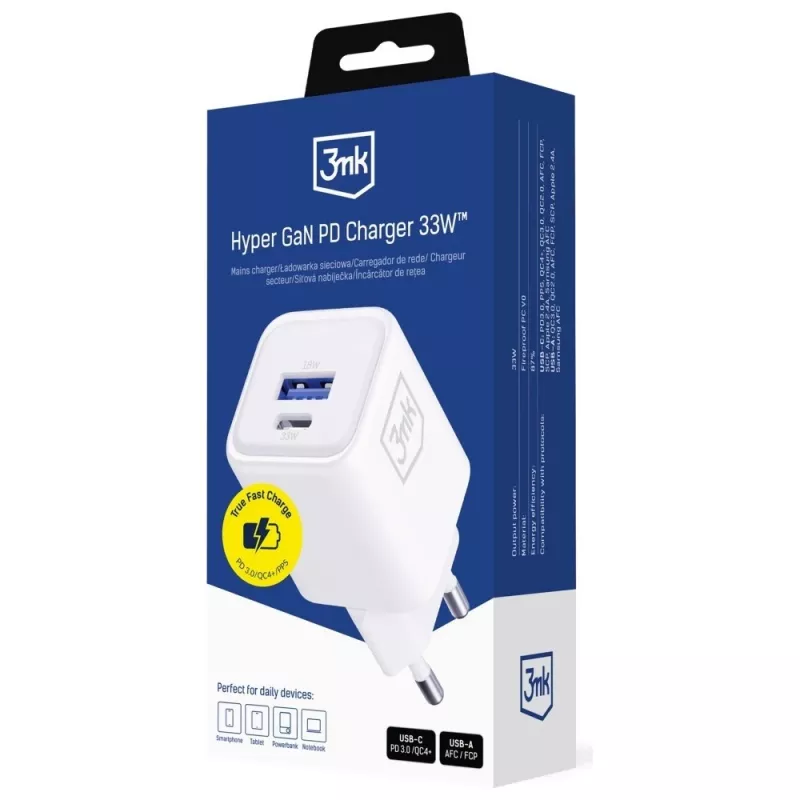 Wandoplader 3MK Hyper Charger PD 33W GaN QC4+ wit – USB-C PD 33W, GaN, Quick Charge 4+