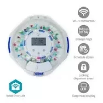 Tabletdispenser Nedis SmartLife met 28 vakken, 9 herinneringen in wit