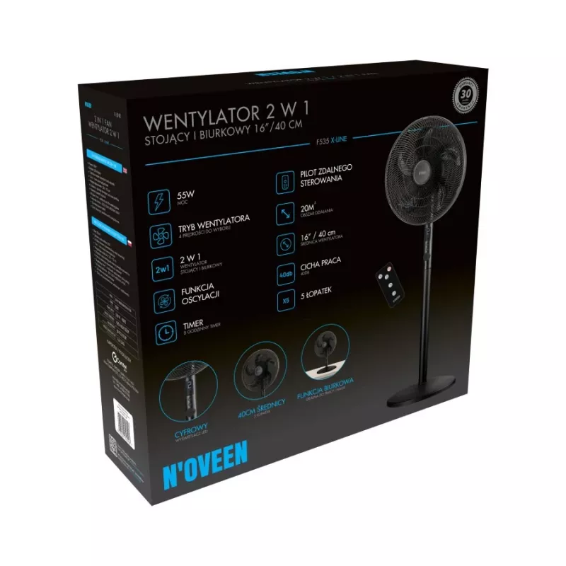 Noveen F535 X-Line 2-in-1 staande en tafelventilator, 40 cm, zwart