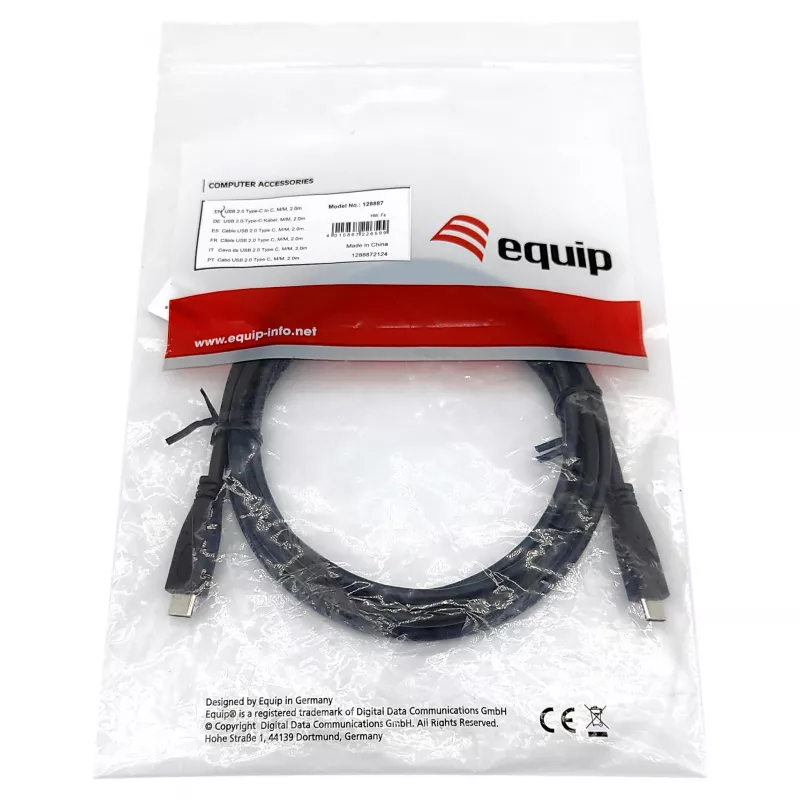 EQUIP USB 2.0 Type-C-naar-Type-C-kabel M/M 0,3 m PD 60 W, 0,48 Gbit/s, vernikkelde contacten, zwart