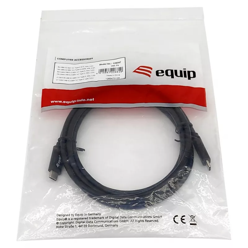 USB-C-naar-USB-C-kabel EQUIP 128348, USB 3.2 Gen 1 (5 Gbit/s), PD 60 W, 0,5 m, zwart