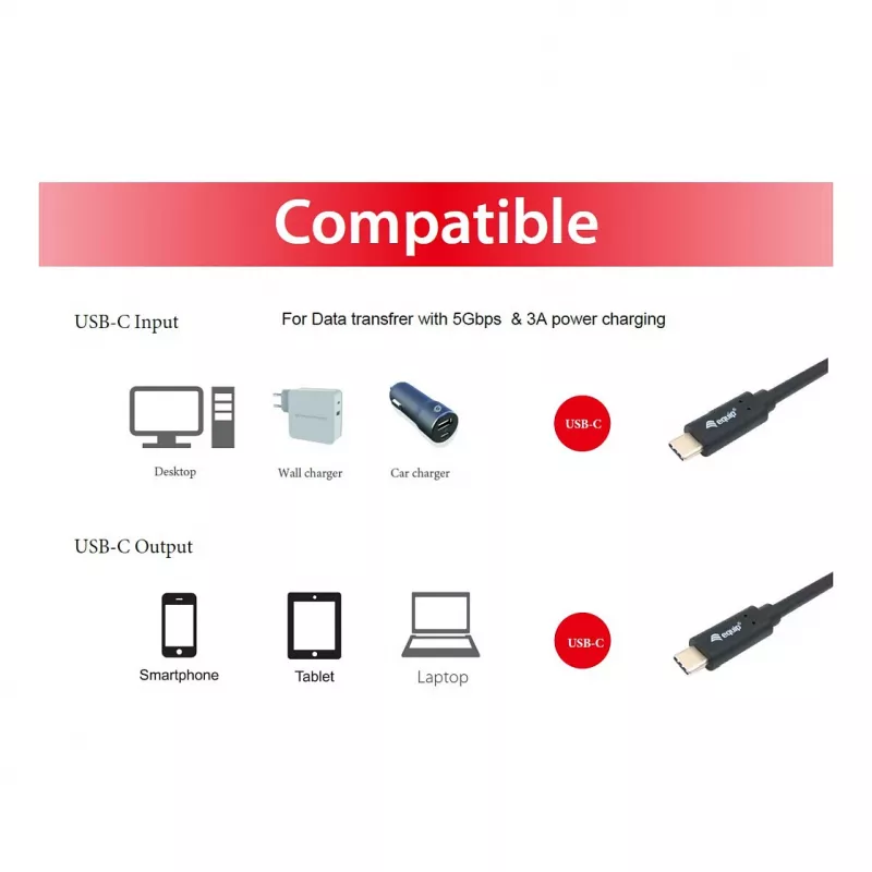 USB-C-naar-USB-C-kabel EQUIP 128348, USB 3.2 Gen 1 (5 Gbit/s), PD 60 W, 0,5 m, zwart