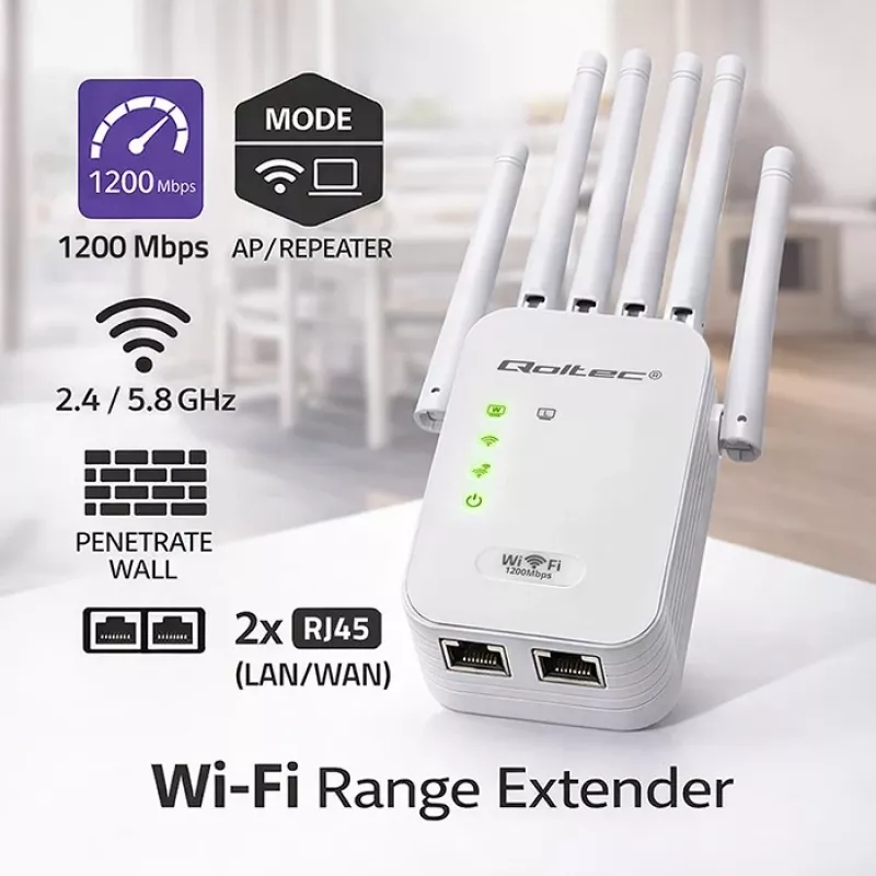 Wi‑Fi‑signaalversterker QOLTEC AC1200 – QOLTEC AC1200 dualband‑signaalversterker