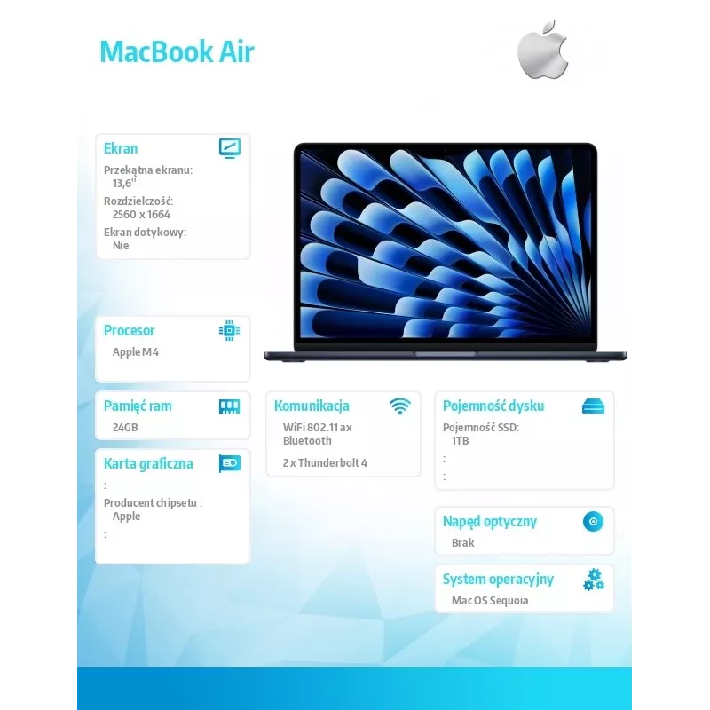 Laptop Apple MacBook Air M4 13,6 inch 24GB 1TB Mac OS