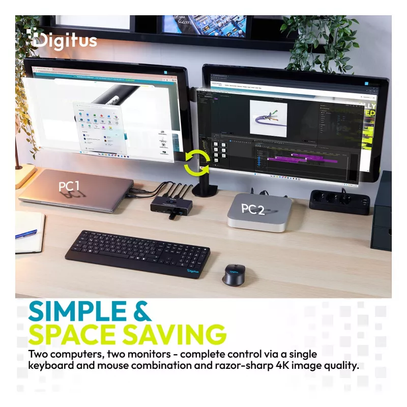 KVM-switch DIGITUS DS-12856 USB-C/USB-A 2-poorts dual HDMI 4K60Hz (USB 3.2 Gen 1)