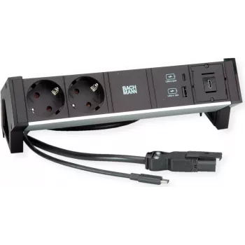 Stroommodule Bachmann DESK2 ALU zwart – desktop-stopcontacteenheid met 2x CEE7/3-stopcontacten, 1,0 m kabel, 1x USB-oplader 22W