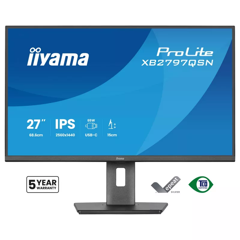 Computermonitor IIYAMA ProLite XB2797QSN-B1 27 inch 2560x1440 Quad HD LCD IPS, mat, USB 3.2-hub, luidsprekers, in hoogte verstelbaar, VESA