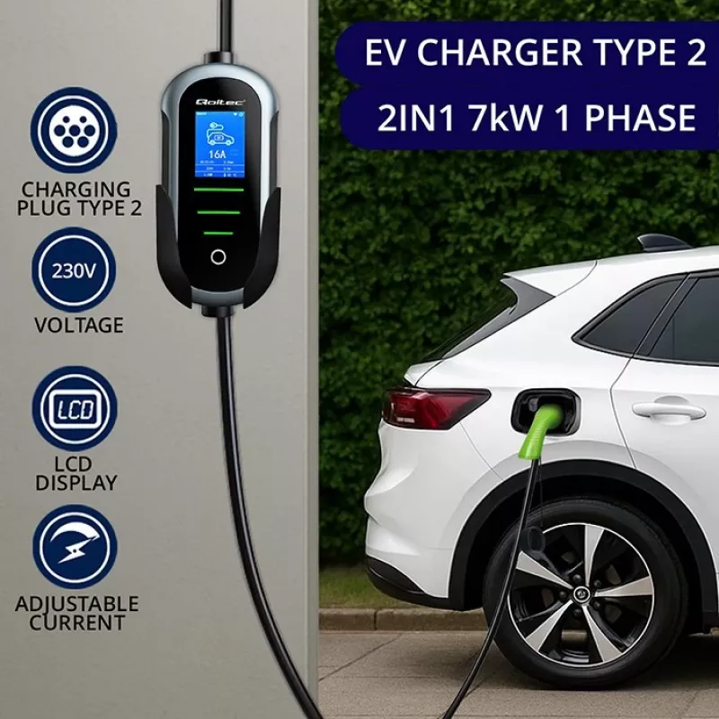 Wandgemonteerde elektrische auto oplader QOLTEC 7 kW 230V CEE 32A met Wi‑Fi en LCD (model 52721)