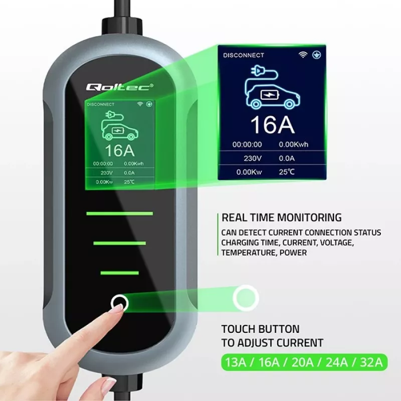 Wandgemonteerde elektrische auto oplader QOLTEC 7 kW 230V CEE 32A met Wi‑Fi en LCD (model 52721)