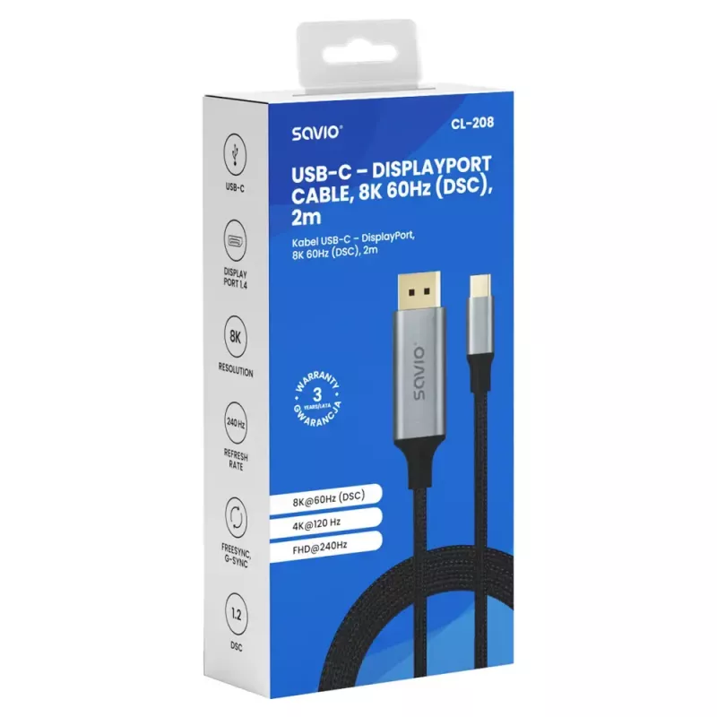 USB-C naar DisplayPort-kabel SAVIO CL-208 (DisplayPort 1.2, 2 m)
