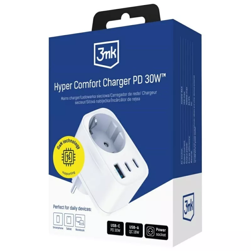 3MK Charger Comfort Charger GaN 30W wit – USB-voeding, 30W GaN-uitgang