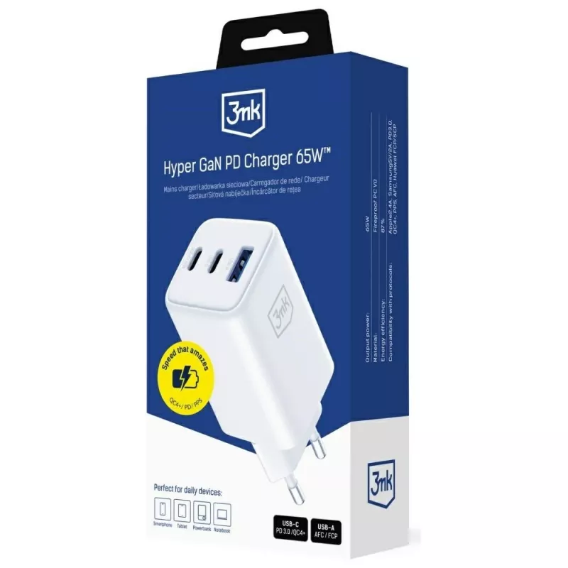 3MK Charger Hyper GaN 65W QC4+ — USB GaN 65W snellader met QC4+-ondersteuning