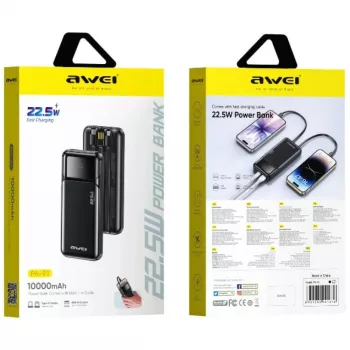 Powerbank Awei PA-91 10000mAh 22,5W PD 2xUSB-C + kabel zwart