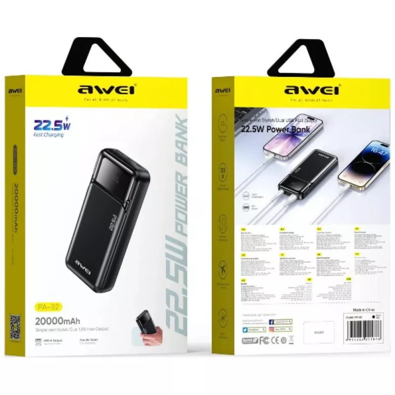 Powerbank Awei PA-92 20000mAh 22,5 W PD met 2x USB-C-aansluitingen