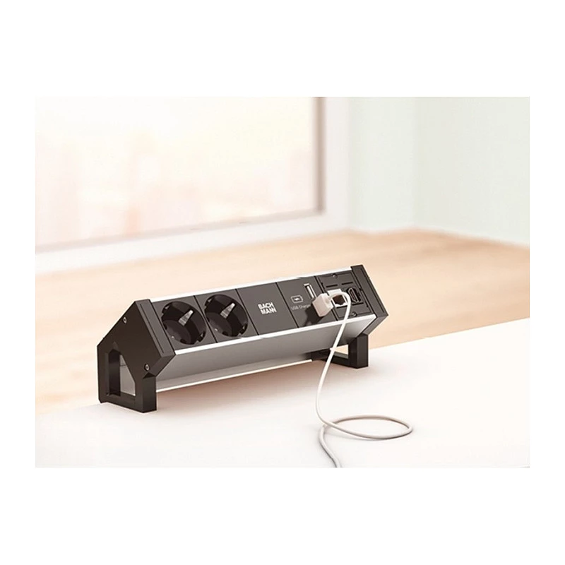 BACHMANN DESK2 ALU zwart 2x randaarde stopcontact 1x USB-oplader 1x ABD GST18